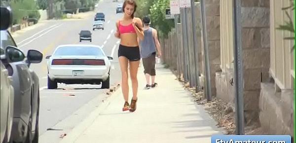  Busty horny teen Anyah goes jogging and flash her big round boobs in public